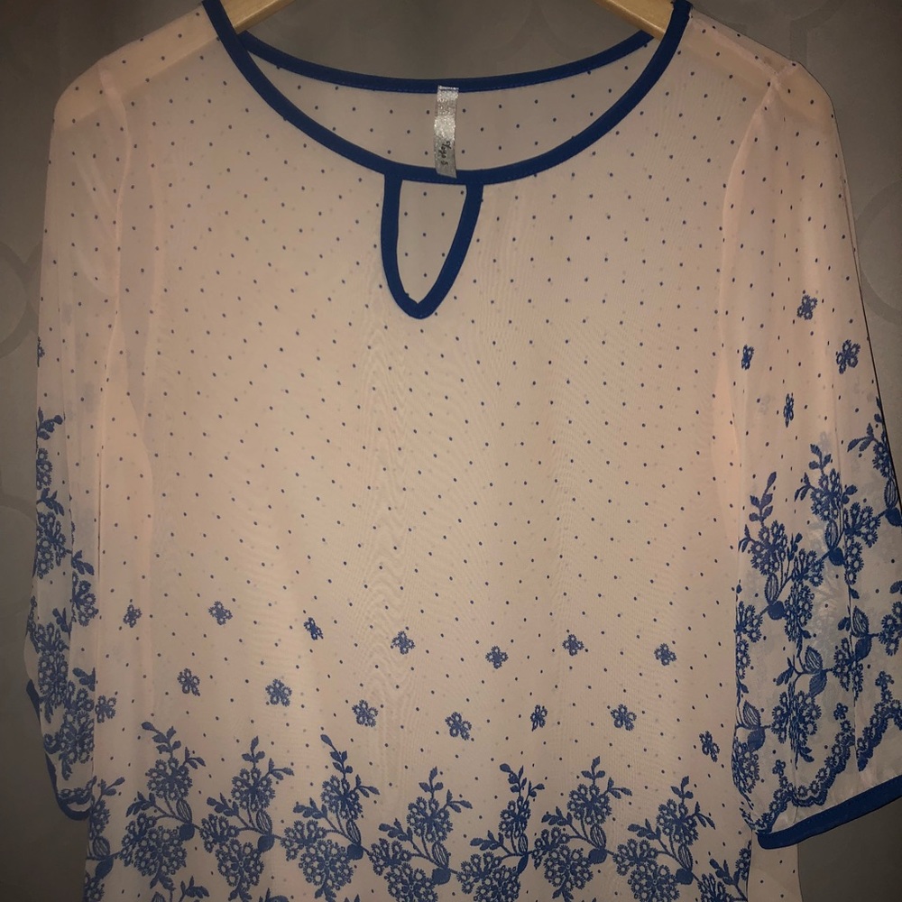 Light Pink Sheer Blouse with Blue Trim